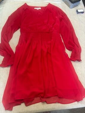 LOFT Womens Bright Red Long-Sleeve Smocked Waist Dress
